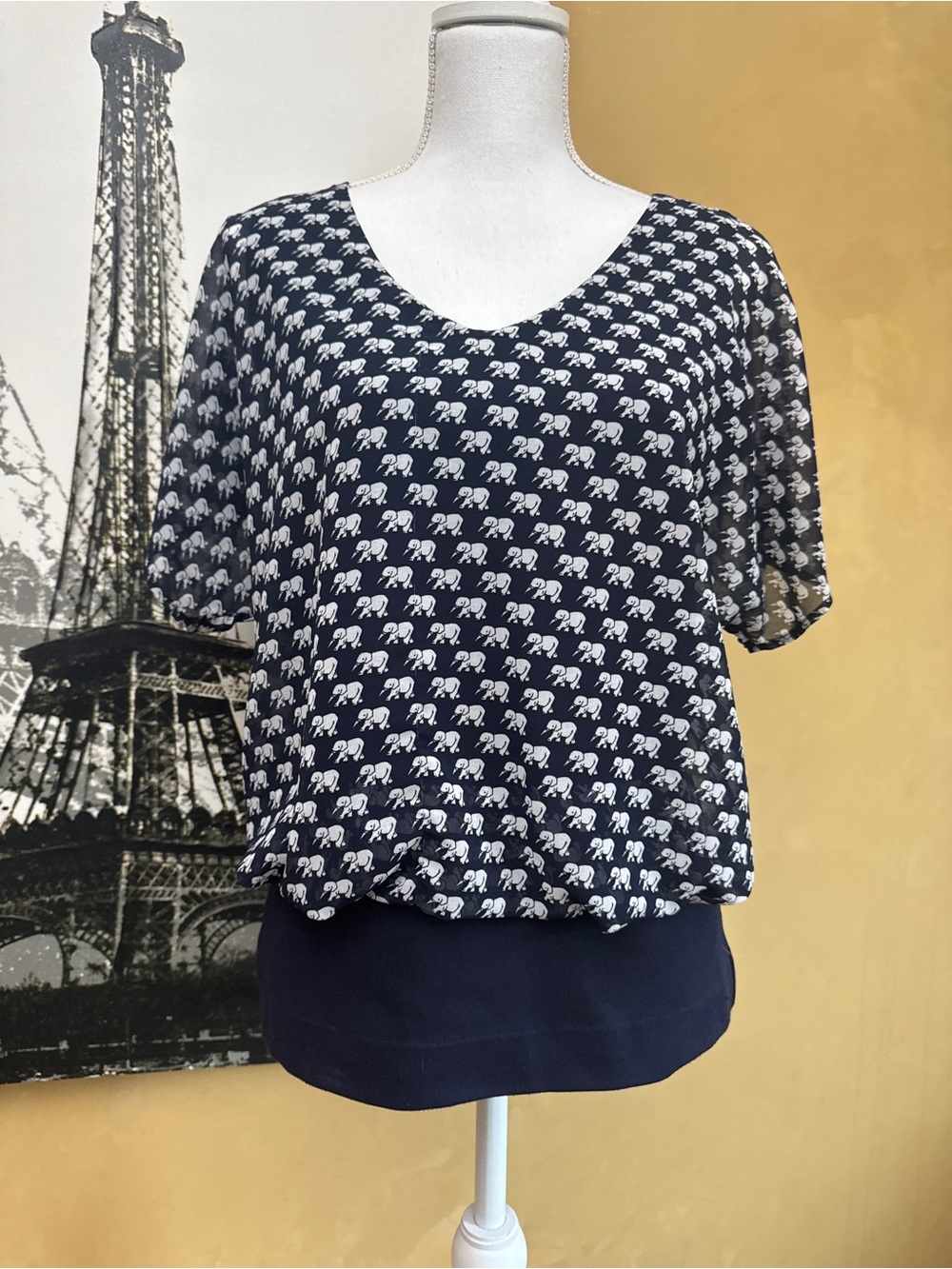 CAbi Navy Elephant-Print Short Sleeve Blouse